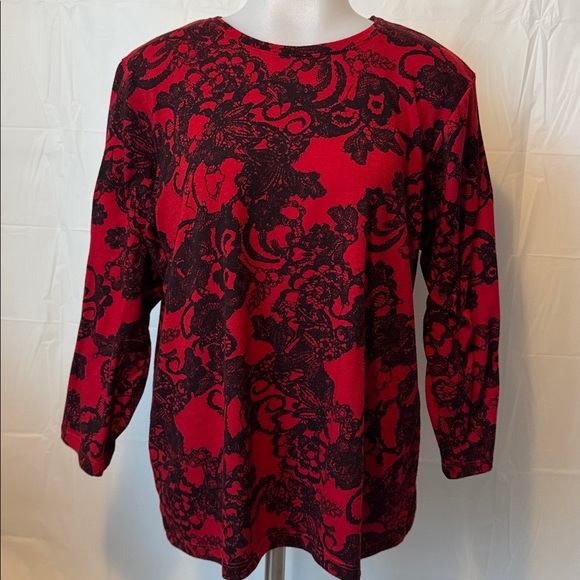 Allison Daley Medium Knit Top Red and Black Floral - Picture 1 of 7